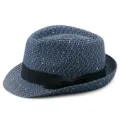 Elegant navy blue straw fedora sun hat with gold sequins and a black ribbon bow - One Size / Dark Blue