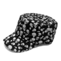 Black flat top military cap featuring all-over white skull print patterns for casual outdoor wear - Adjustable (55-59cm) / Flat Top / Black with White Skulls