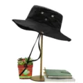 Black wide-brim sun protection bucket hat for men with an adjustable chin strap outdoor - Solid Black Style