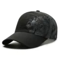 Quick-dry black baseball cap with grey dragon print and breathable laser-cut holes - Adjustable (56-59cm) / Chinese Dragon Style / Black