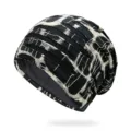 Gorro beanie unisex estilo desgastado con patrón de rayas blancas y negras y rotos - Talla única / Estilo de Línea en S / Beige