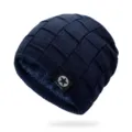 Dunkelblaue Winter-Strickmütze mit Karomuster und warmem Fleecefutter - Einheitsgröße Elastisch 56-60cm / Dunkelblau