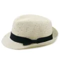 Cream straw fedora hat with black bow ribbon and sparkling sequins for sun protection - One Size / Off White