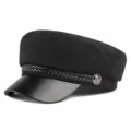 Classic black baker boy hat featuring a leather visor and elegant braided rope detail - 55-58cm / Woolen Style / Black