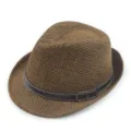 Stylish brown woven straw fedora hat for sun protection with a dark belt buckle - One Size (56-58cm) / Jazz Hat Style / Coffee