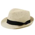 Eleganter Stroh-Fedora-Hut für den Sommer mit glitzernden Pailletten und schwarzer Schleife - Einheitsgröße / Beige