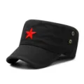 Black flat-top military cadet cap featuring a red star embroidery and breathable eyelets - One Size Adjustable (55-59CM) / Black (Red Star)