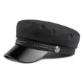 Classic black flat top sailor cap with faux leather brim and braided cord detail - 55-58cm / Cotton Polyester Style / Black