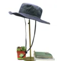 Durable blue denim wide-brim bucket hat with an adjustable chin strap for sun protection - Denim Dark Blue Style