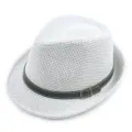 Classic white summer straw fedora hat featuring a black faux leather belt buckle band - One Size (56-58cm) / Jazz Hat Style / White