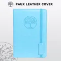 Detail view of blue A5 faux leather notebook with embossed tree logo and elastic strap. - A5 / Sky Blue