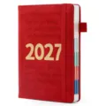 Agenda 2027 rouge avec bande élastique et lettrage doré pour planification quotidienne. - A5 Marquage à Chaud 2027 / Rouge