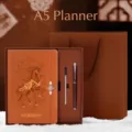 Premium 2026 Year of the Horse A5 brown planner gift set including pen and gift bag - 日程本3件套 / 含本笔芯礼盒袋 / Brown and Orange