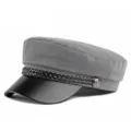 Classic grey flat-top mariner cap with black faux leather brim and braided strap detail - 55-58cm / Cotton Polyester Style / Gray