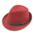 Classic red straw jazz fedora hat with a stylish black leather belt buckle decoration - One Size (56-58cm) / Jazz Hat Style / Red