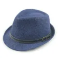 Stylish blue straw fedora hat for summer with a black belt buckle detail for beach wear - One Size (56-58cm) / Jazz Hat Style / Navy Blue