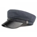 Fashionable dark grey newsboy cap featuring a black leather brim and braided rope - 55-58cm / Cotton Polyester Style / Navy Blue