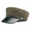 Elegant olive brown military flat top cap with black leather brim and decorative braid - 55-58cm / Cotton Polyester Style / Army Green