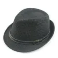 Classic black straw fedora hat with elegant leather belt buckle detail for sun protection - One Size (56-58cm) / Jazz Hat Style / Black
