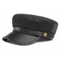 Black fashion newsboy cap with leather-textured brim and metallic button - 55-58cm / Cotton Polyester Belt Style / Black