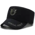 Black flat top cadet style military hat featuring Special Force embroidery on the brim - One Size Adjustable (55-59CM) / Shield Badge / Black