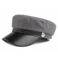 Stylish grey wool baker boy cap with black leather brim and decorative braided band - 55-58cm / Woolen Style / Gray