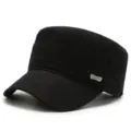 Classic black flat-top military-style patrol cap for outdoor sun protection - One Size Adjustable (55-59CM) / Side Sport Label / Black