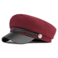 Chic burgundy wool baker boy hat featuring a black leather brim and braided rope detail - 55-58cm / Woolen Style / Burgundy