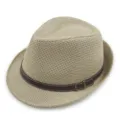 Breathable beige straw fedora hat with a decorative brown belt buckle strap for summer sun protection - One Size (56-58cm) / Jazz Hat Style / Light Khaki