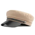 Classic khaki and black baker boy hat featuring a braided cord and metal button - 55-58cm / Cotton Polyester Style / Khaki
