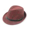 Red and grey woven fedora straw hat with decorative black leather belt buckle - One Size (56-58cm) / Jazz Hat Style / Black Red-Belt Buckle