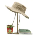 Khaki outdoor sun hat for men with wide brim and adjustable chin strap on stand - Khaki Style