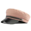 Fashionable pink fabric and black leather military flat top cap with braided rope - 55-58cm / Cotton Polyester Style / Pink