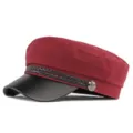 Stylish burgundy flat-top sailor cap with black leather brim and braided rope detail. - 55-58cm / Cotton Polyester Style / Dark Red