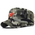 Military style camouflage flat top cap with red star embroidery for outdoor sun protection - One Size Adjustable (55-59CM) / Camouflage (Red Star)