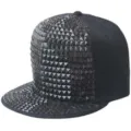 All-black hip-hop baseball cap with decorative square pyramid studs and flat brim design - Adjustable 55-60cm / Black Base with Black Square Studs