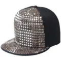 Black hip-hop flat-brim baseball cap decorated with shiny silver square pyramid studs - Adjustable 55-60cm / Black Base with Silver Square Studs
