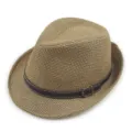 Classic natural brown straw fedora hat with dark brown leather belt buckle band - One Size (56-58cm) / Jazz Hat Style / Dark Khaki