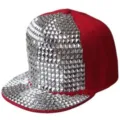 Stylish red hip-hop baseball cap decorated with silver square studs and flat brim for street style - Adjustable 55-60cm / Red Base with Silver Square Studs