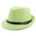 Lime green summer straw jazz hat with stylish black belt buckle for sun protection - One Size (56-58cm) / Jazz Hat Style / Light Green