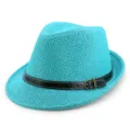 Stylish turquoise woven straw fedora hat with black faux leather belt buckle trim - One Size (56-58cm) / Jazz Hat Style / Lake Blue