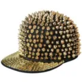Street punk style black hip-hop cap featuring full gold metal spikes and a flat brim - Adjustable 55-60cm / Gold Square with Gold Rivets