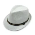 Classic white woven straw fedora hat featuring a black band with gold square studs - One Size (56-58cm) / Jazz Hat Style / Coarse Grain White-Studded Belt