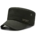 Army green military style flat top cadet cap with SPORT side embroidery and breathable eyelets - One Size Adjustable (55-59CM) / Sport Embroidery / Army Green