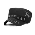 Schwarze Punk-Militärmütze mit silbernen Totenkopf-Nieten und Sterndekorationen - 56-58cm / Schwere Nieten Totenkopf Stil / Stil 1-Schwarz