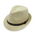 Classic cream straw fedora hat featuring a stylish black studded band for sun protection. - One Size (56-58cm) / Jazz Hat Style / Coarse Grain Beige-Studded Belt Buckle