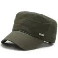 Classic olive green flat top army cadet cap for outdoors with decorative metal sport badge - One Size Adjustable (55-59CM) / Side Sport Label / Army Green