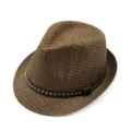 Brown woven straw jazz hat with gold-toned studded leather band for summer sun protection - One Size (56-58cm) / Jazz Hat Style / Coarse Grain Coffee-Studded Belt