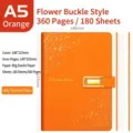 Taccuino A5 in pelle PU arancione con fibbia a fiore decorativa e motivo a stelle - 180 Fogli / 360 Pagine / Arancione