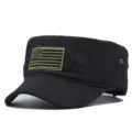 Black tactical flat top cap with embroidered flag patch and breathable eyelets - One Size Adjustable (55-59CM) / Style 14 (Flag Embroidery) / Black